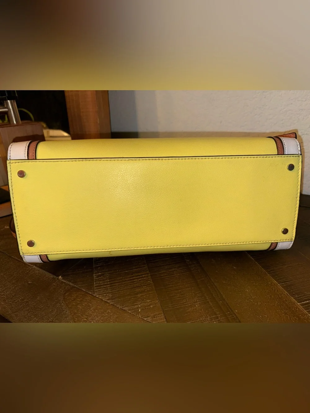 kate spade Yellow and White Colorblock Leather Tote with Brown Handles